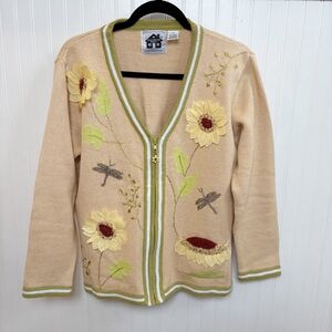 Storybook Knits Yellow Sunflower Serenity Full Zip Cardigan Sweater Size Medium